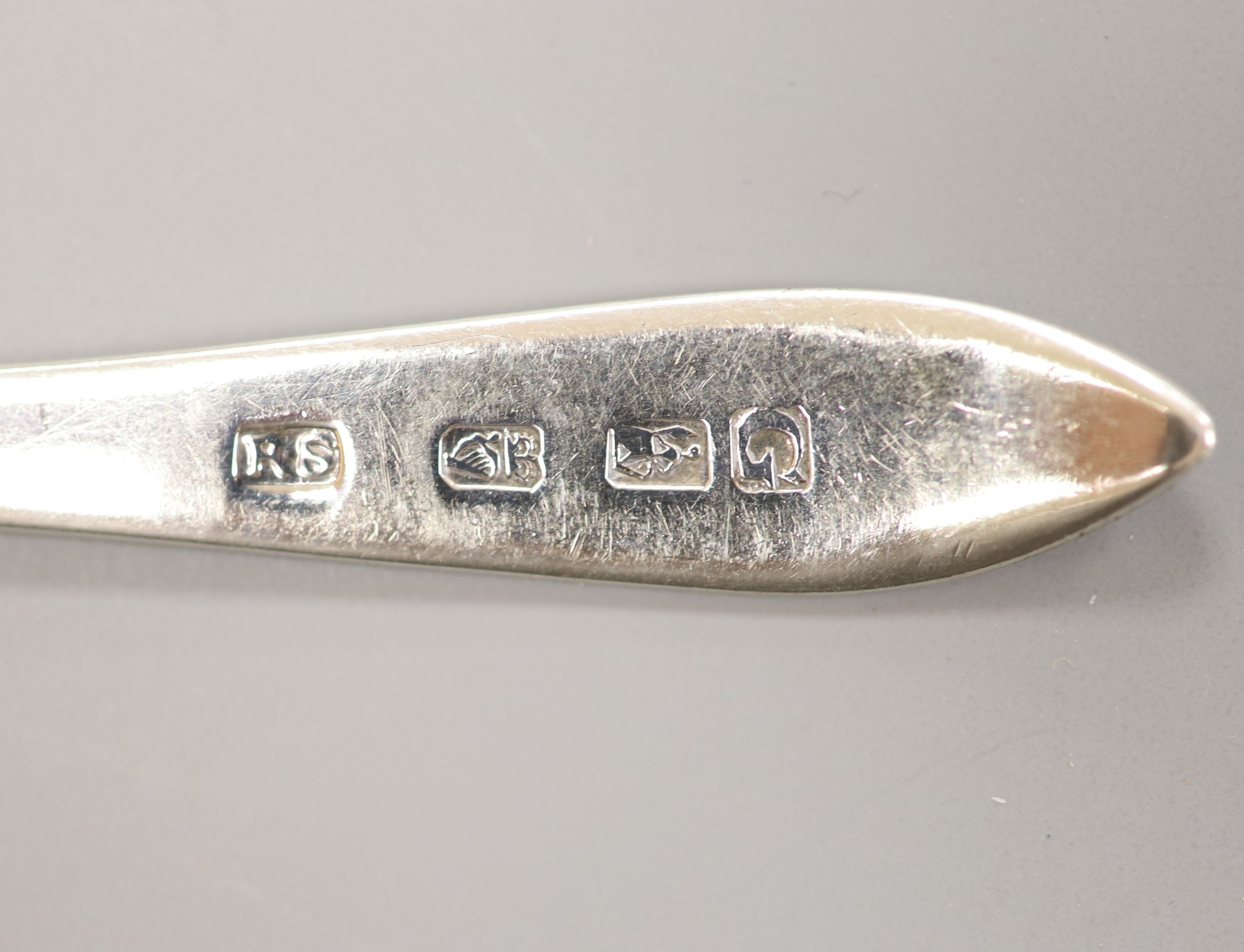 A set of six George III Irish bright cut engraved silver egg spoons, Richard Sawyer, Dublin, 1804, 12.9cm, 92 grams.